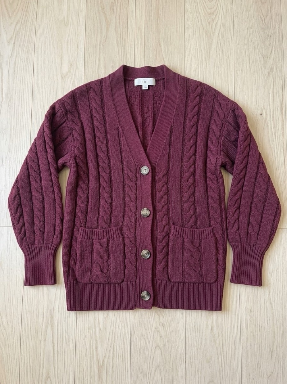 LOFT Cable Knit Button-Front Cardigan in Plum